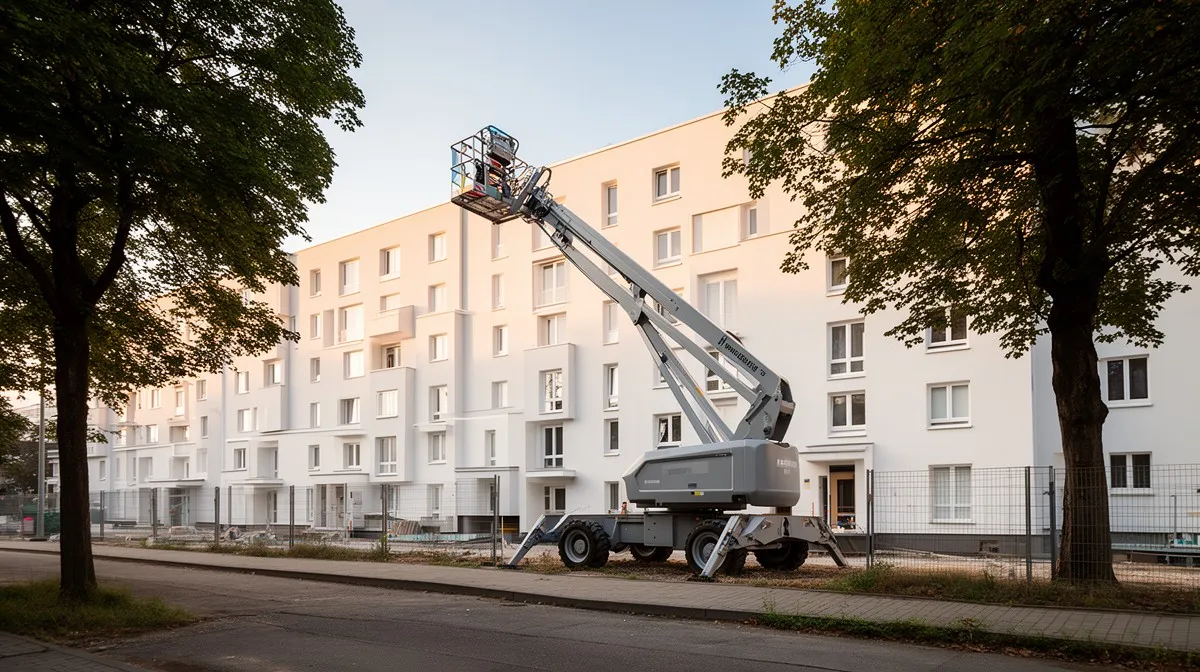 Gelenkteleskopbühne mit ausgefahrenem Arm vor einer Wohnhausfassade